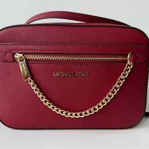 MICHAEL KORS Cherry Red Saffiano Leather Crossbody Bag with Gold Chain